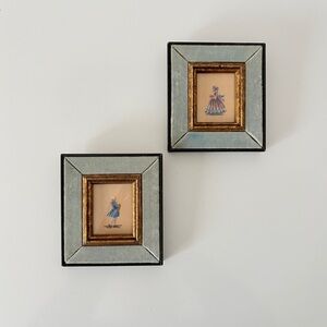 Mini Vintage Needlepoint Pair Pale Blue Velvet Trimmed Frames Rococo Victorian